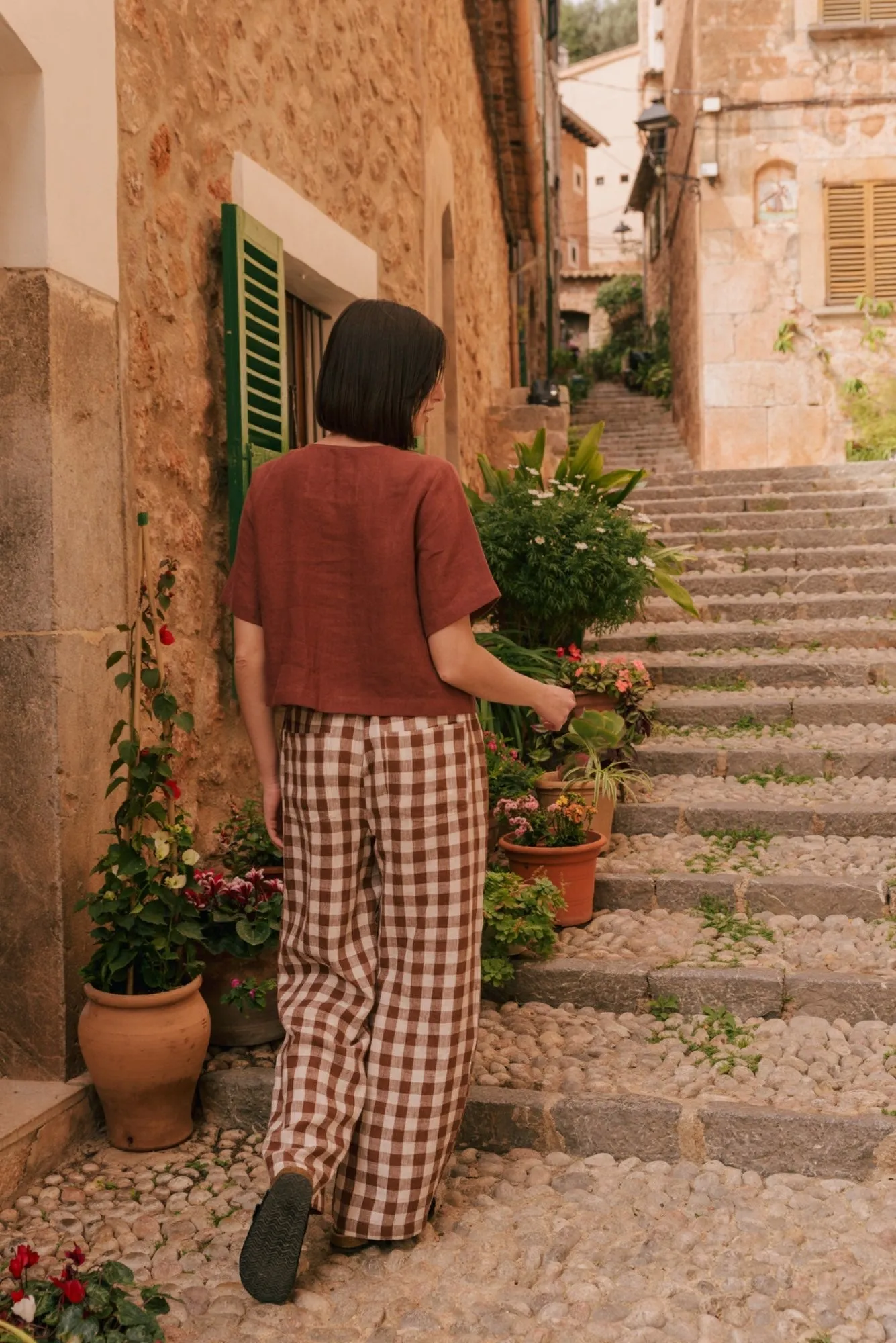 Barbora Straight Linen Pants - Mocha Gingham