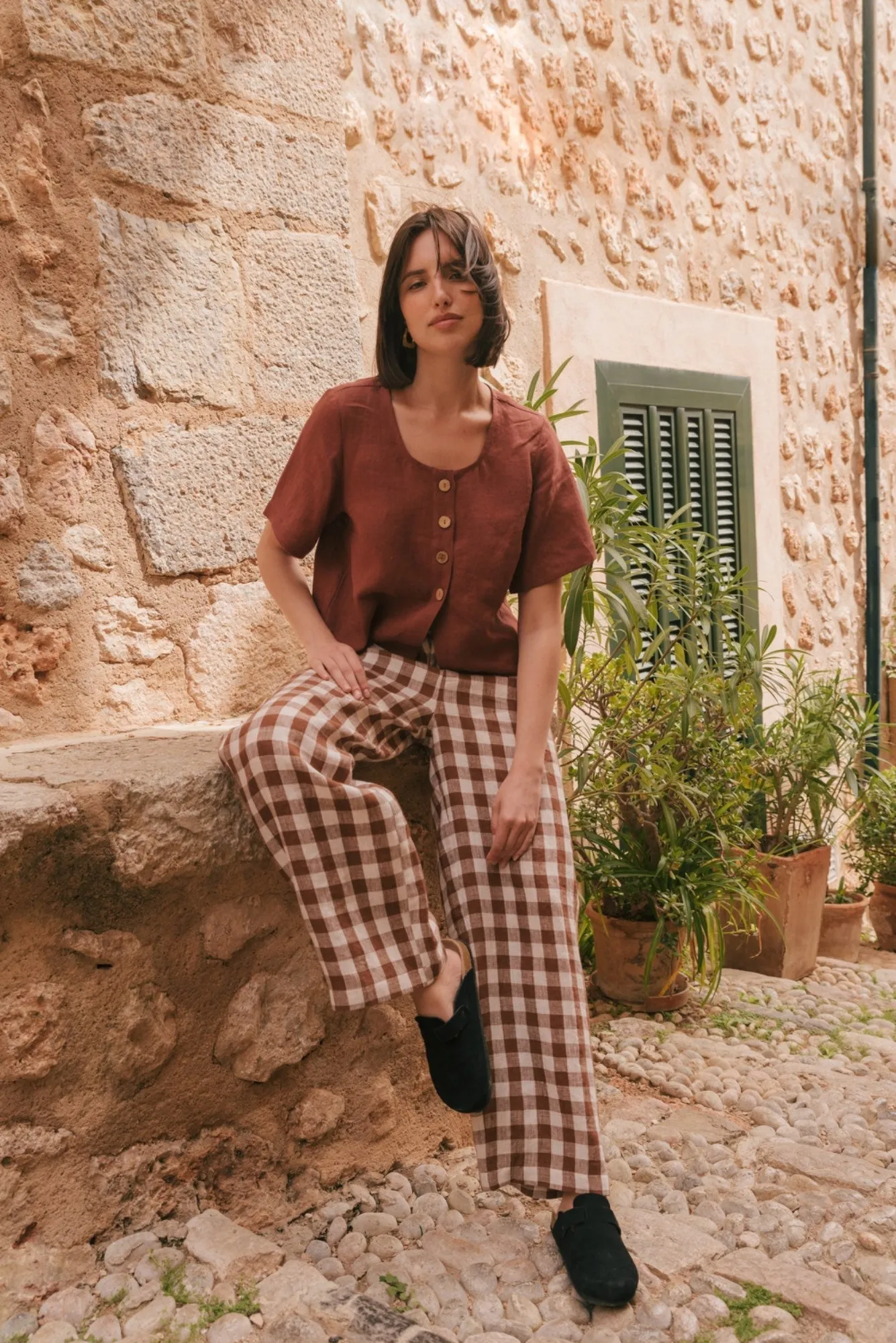 Barbora Straight Linen Pants - Mocha Gingham