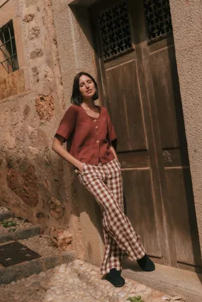 Barbora Straight Linen Pants - Mocha Gingham