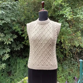 Beige Sleeveless Winter Sweater For Women | Cable Panel Pattern