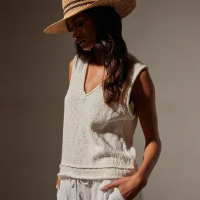 Cotton Linen V Neck Vest - White