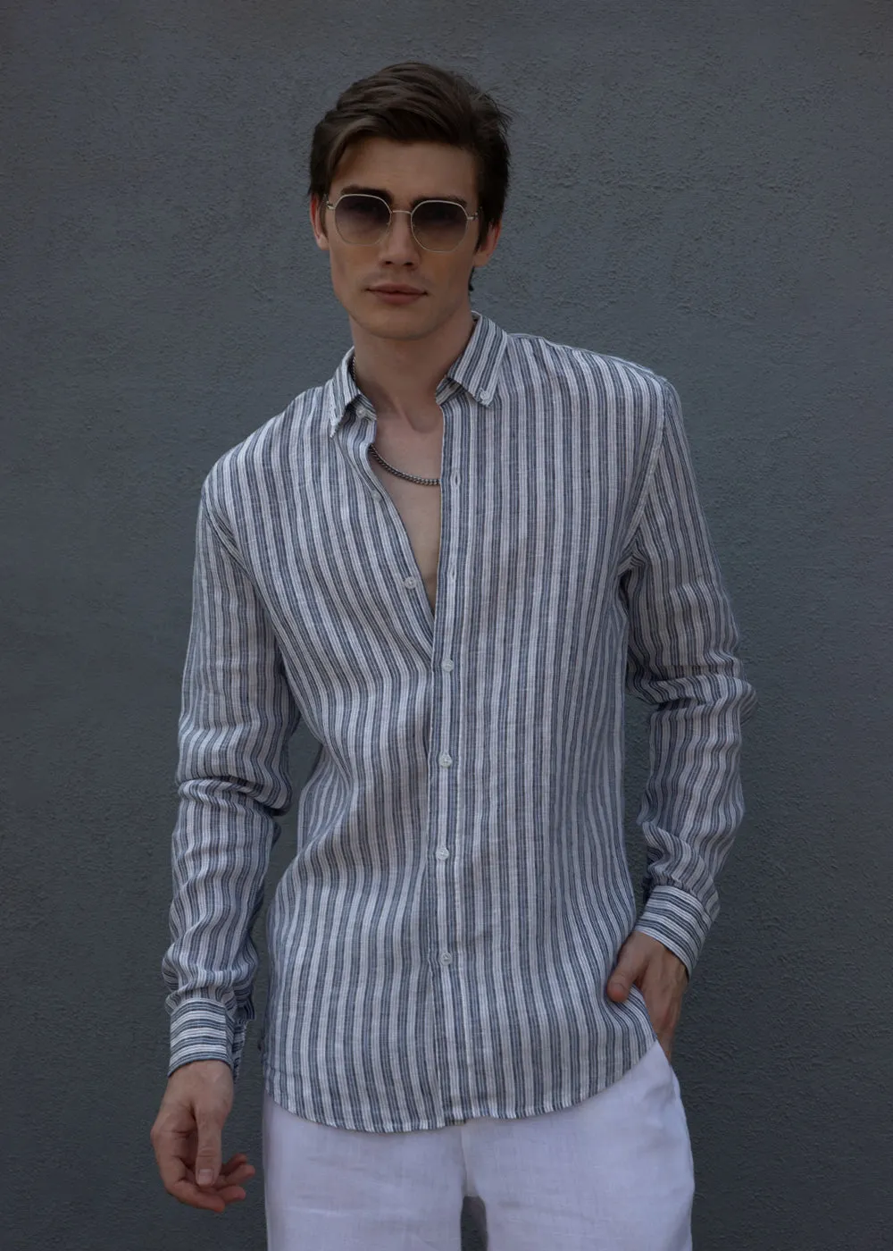 Flint Grey Stripe Pure Irish Linen Shirt