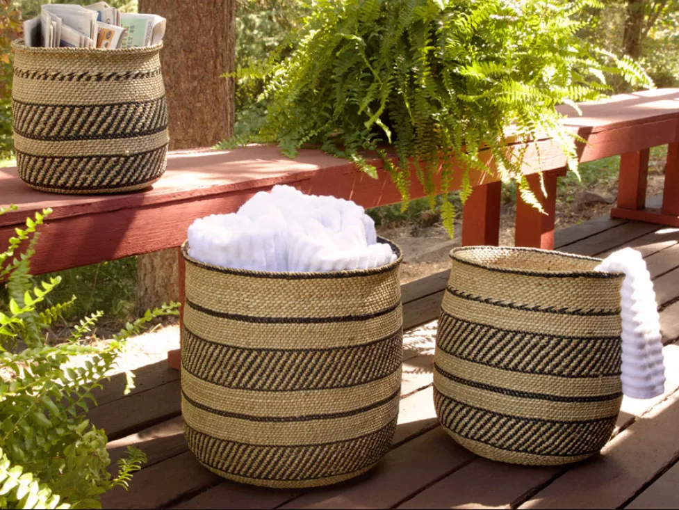 Handwoven Natural Grass Storage Baskets, Black Accents, Fair Trade from Tanzania