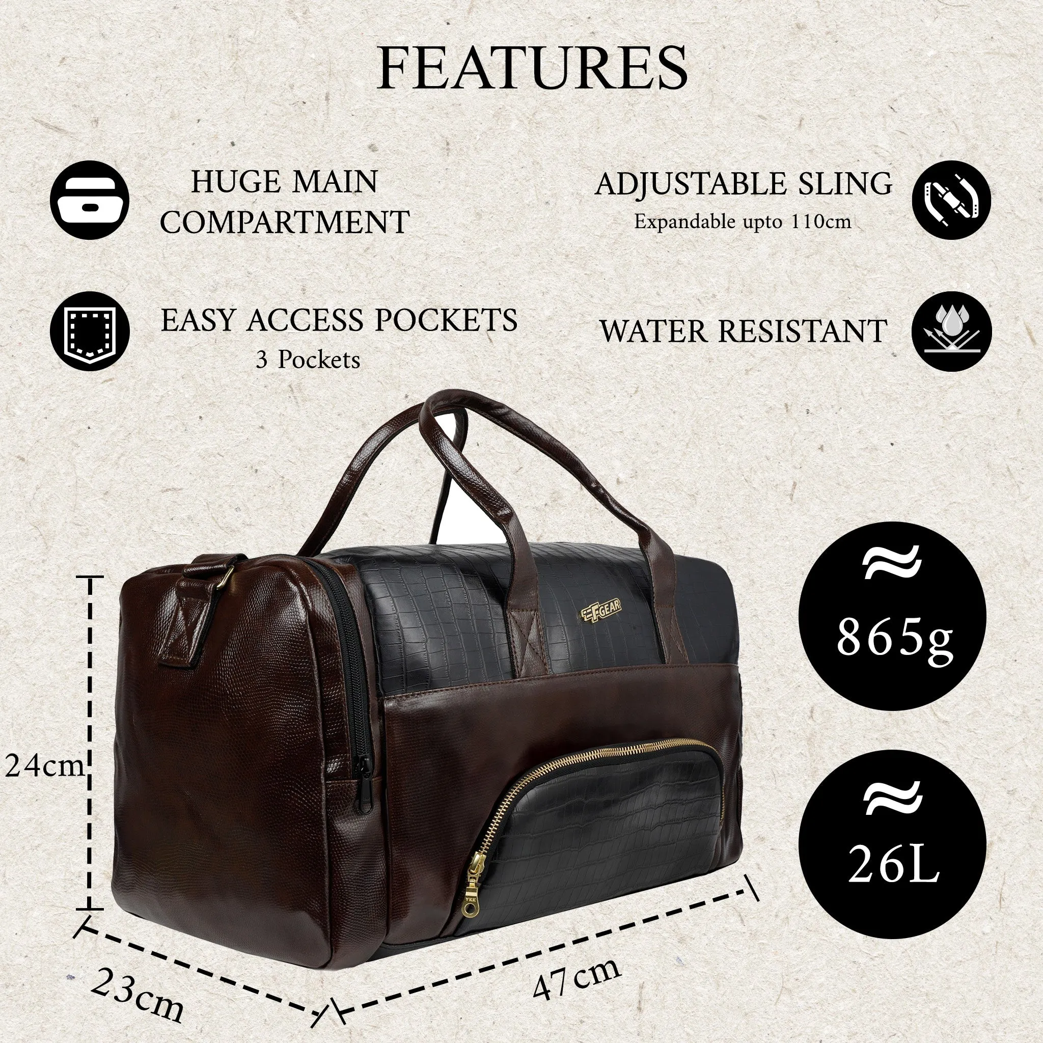 Jesko 26L Black Tan Vegan Leather Travel Duffle