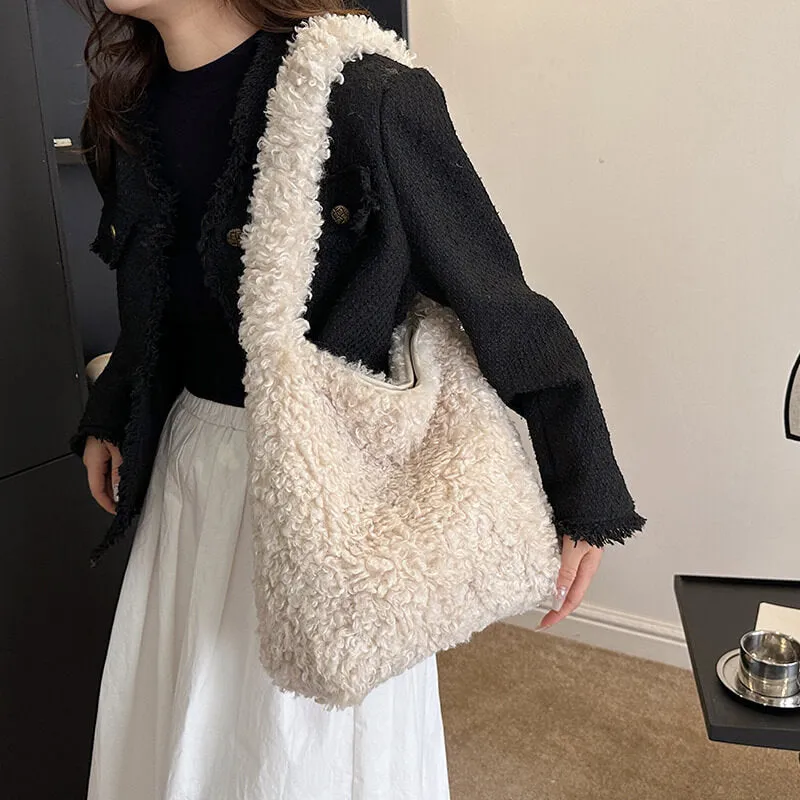 Lamb Wool Natural Artificial Pink Faux Fur Tote Bag-Showtown