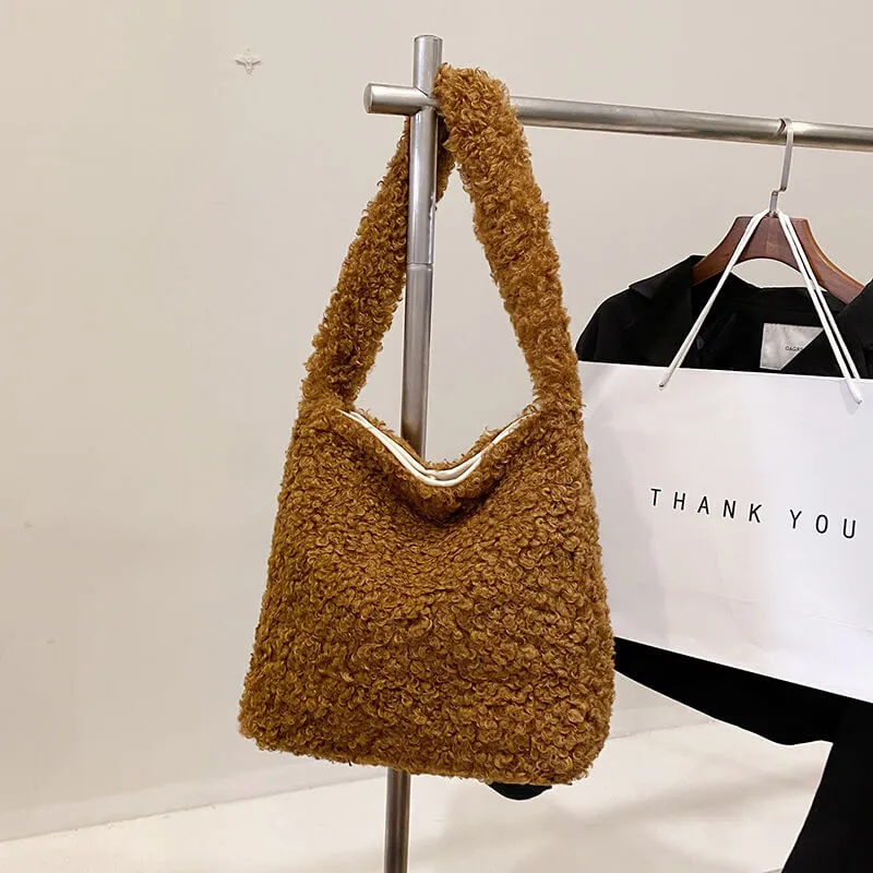 Lamb Wool Natural Artificial Pink Faux Fur Tote Bag-Showtown