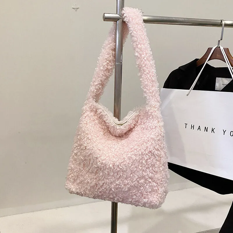 Lamb Wool Natural Artificial Pink Faux Fur Tote Bag-Showtown
