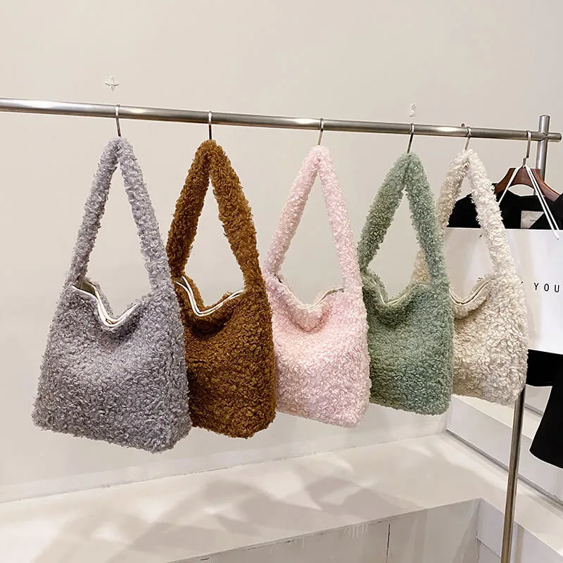 Lamb Wool Natural Artificial Pink Faux Fur Tote Bag-Showtown