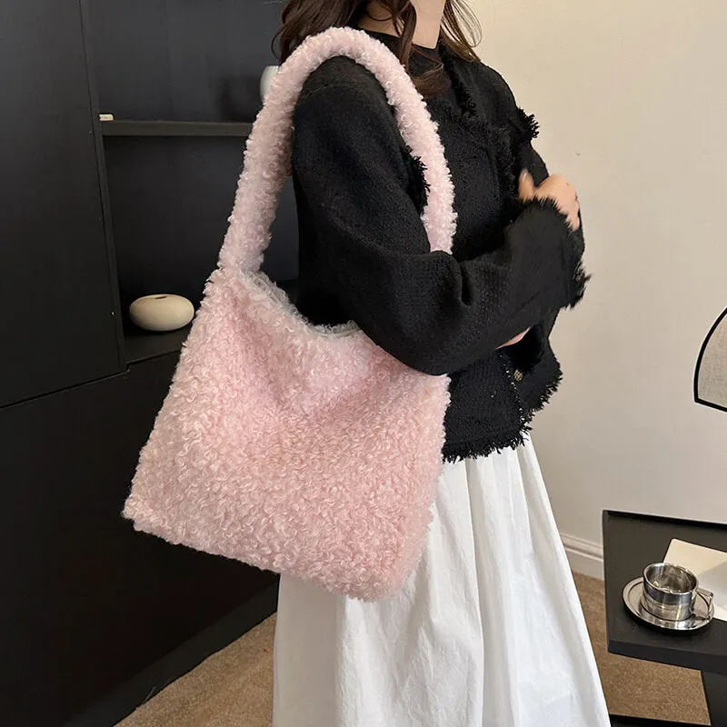 Lamb Wool Natural Artificial Pink Faux Fur Tote Bag-Showtown