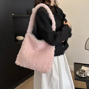 Lamb Wool Natural Artificial Pink Faux Fur Tote Bag-Showtown