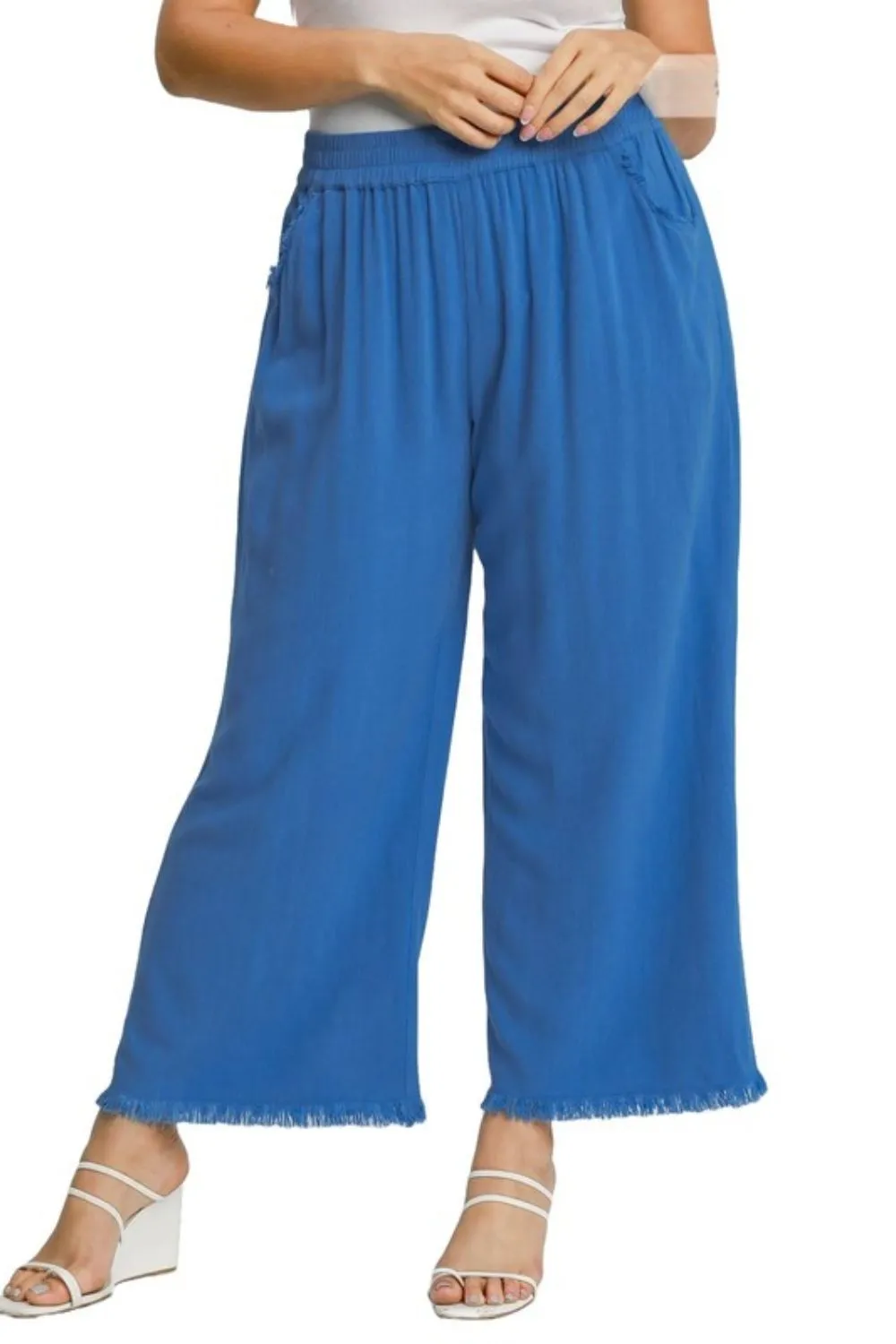 Linen Blend Elastic Waistband Wide Leg Pants in Sky Blue