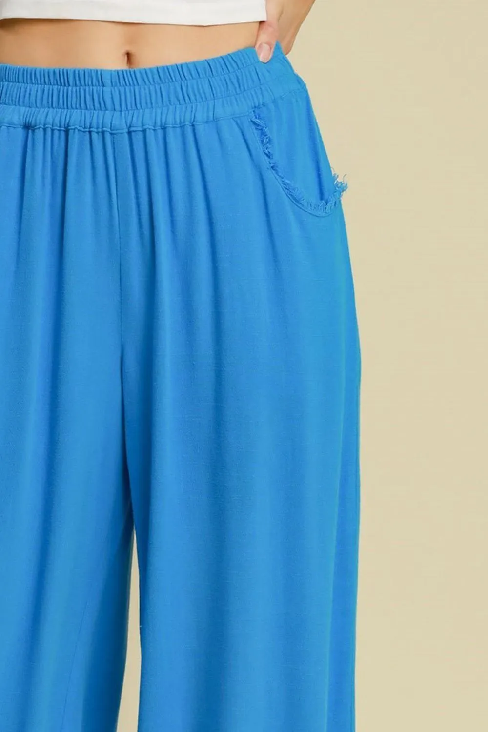 Linen Blend Elastic Waistband Wide Leg Pants in Sky Blue