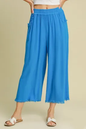 Linen Blend Elastic Waistband Wide Leg Pants in Sky Blue
