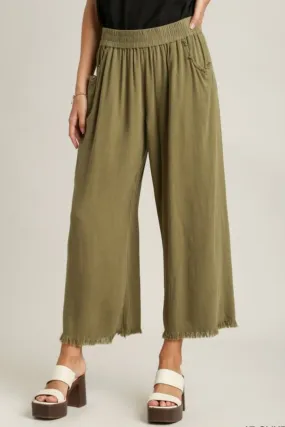 Linen Blend Elastic Waistband Wide Leg Pants
