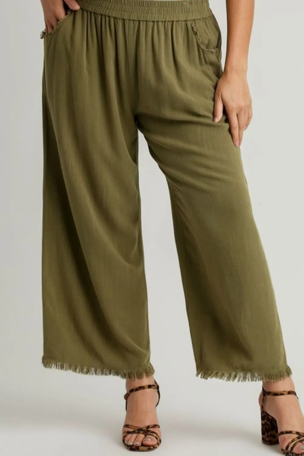 Linen Blend Elastic Waistband Wide Leg Pants