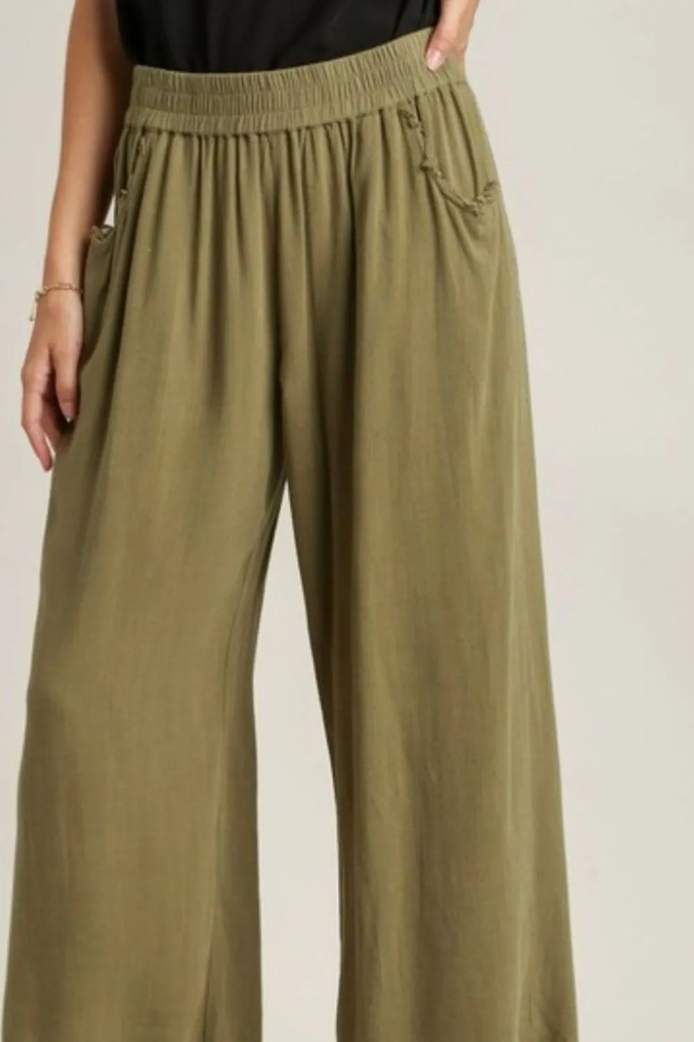 Linen Blend Elastic Waistband Wide Leg Pants