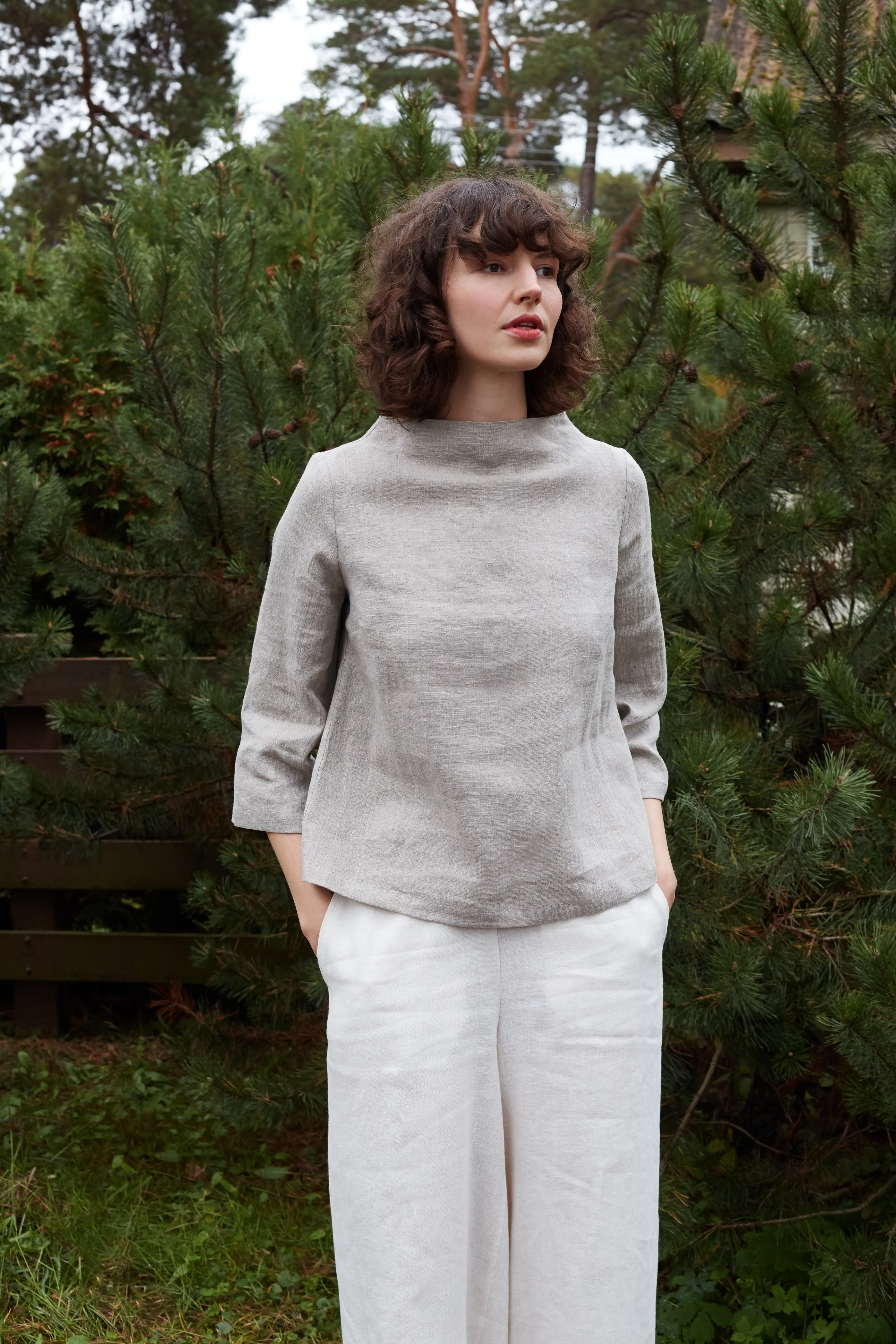 Linen Blouse AYA With Higher Neck