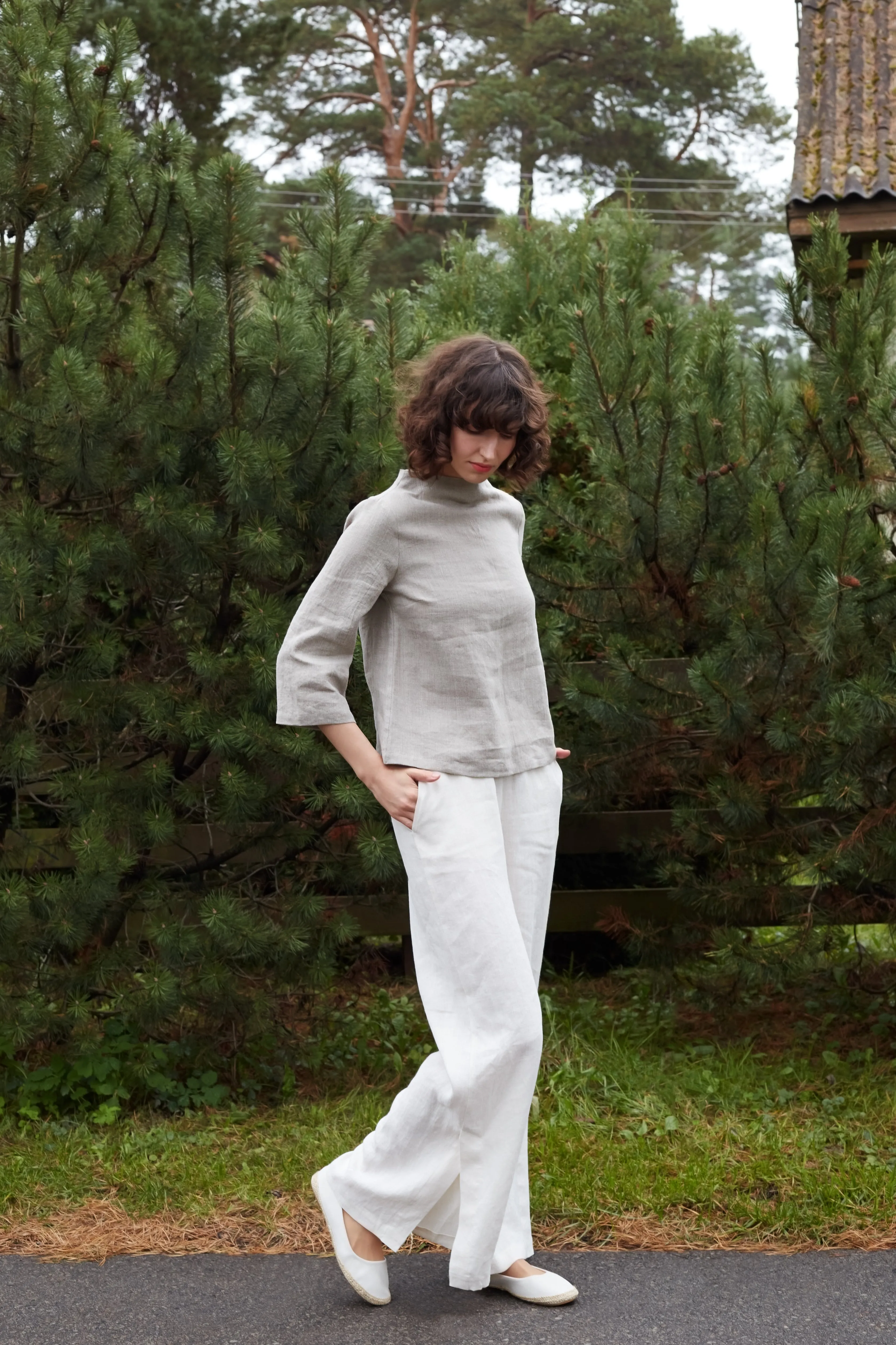 Linen Blouse AYA With Higher Neck