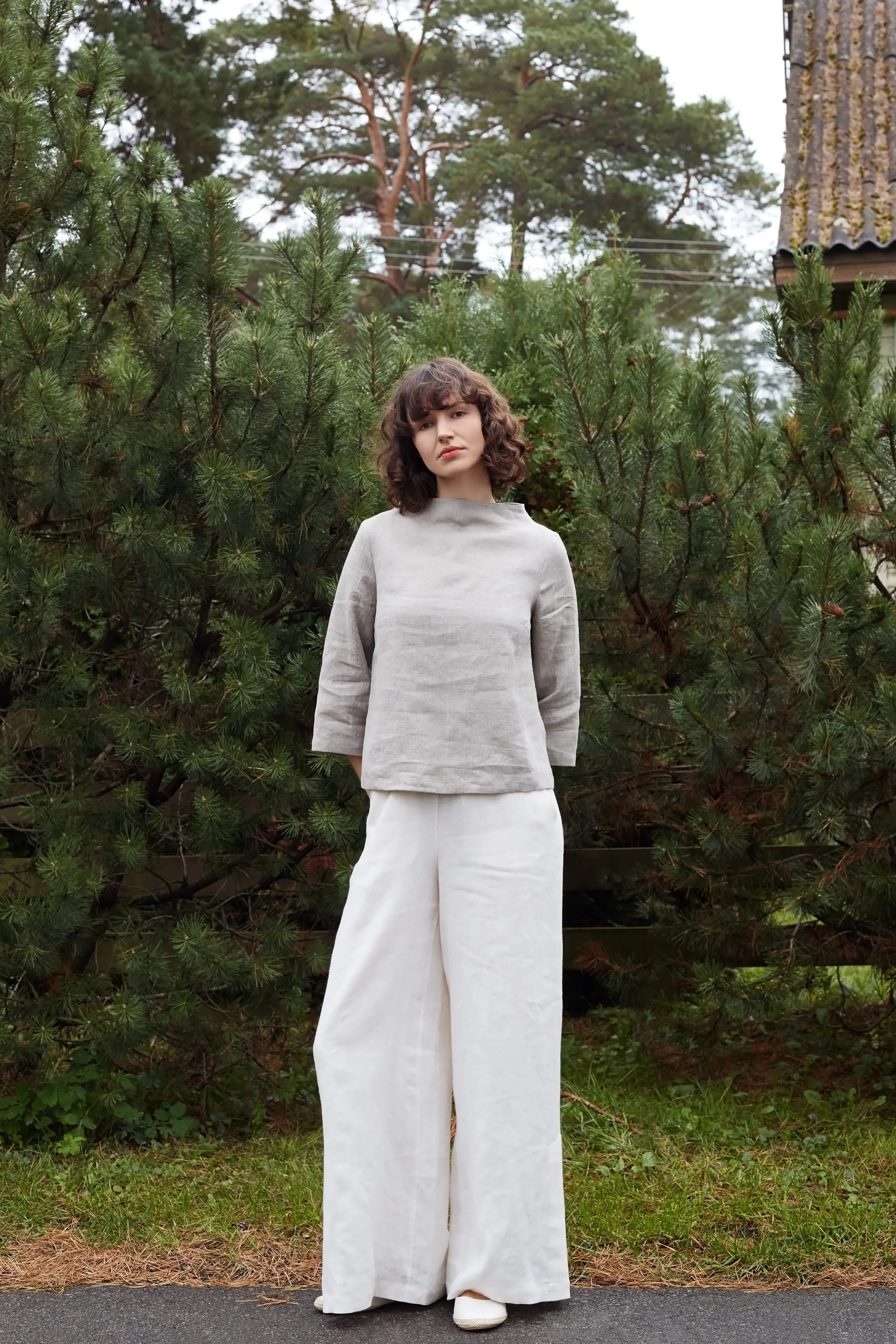 Linen Blouse AYA With Higher Neck