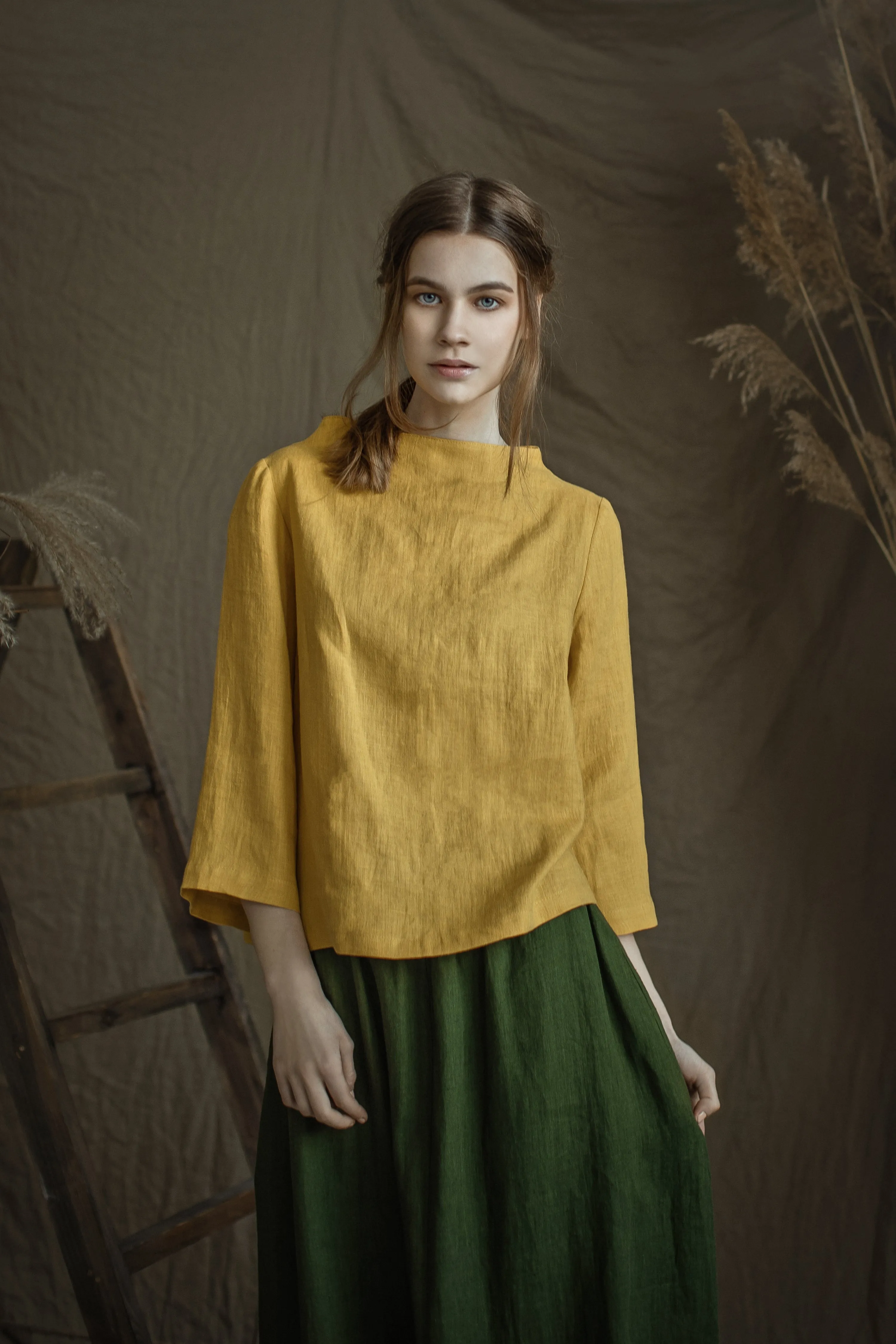 Linen Blouse AYA with Long Sleeves and Higher Neck