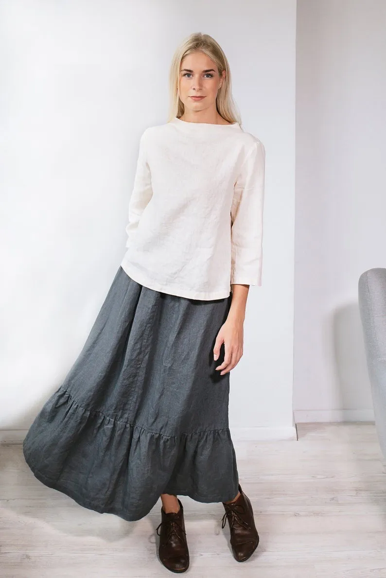Linen Blouse AYA with Long Sleeves and Higher Neck